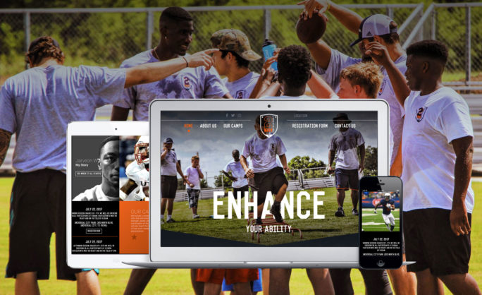 2 Ten Development Camp - Team players training on a sports field with 2Ten football camp website displayed on various devices, showcasing modern design and engaging visuals