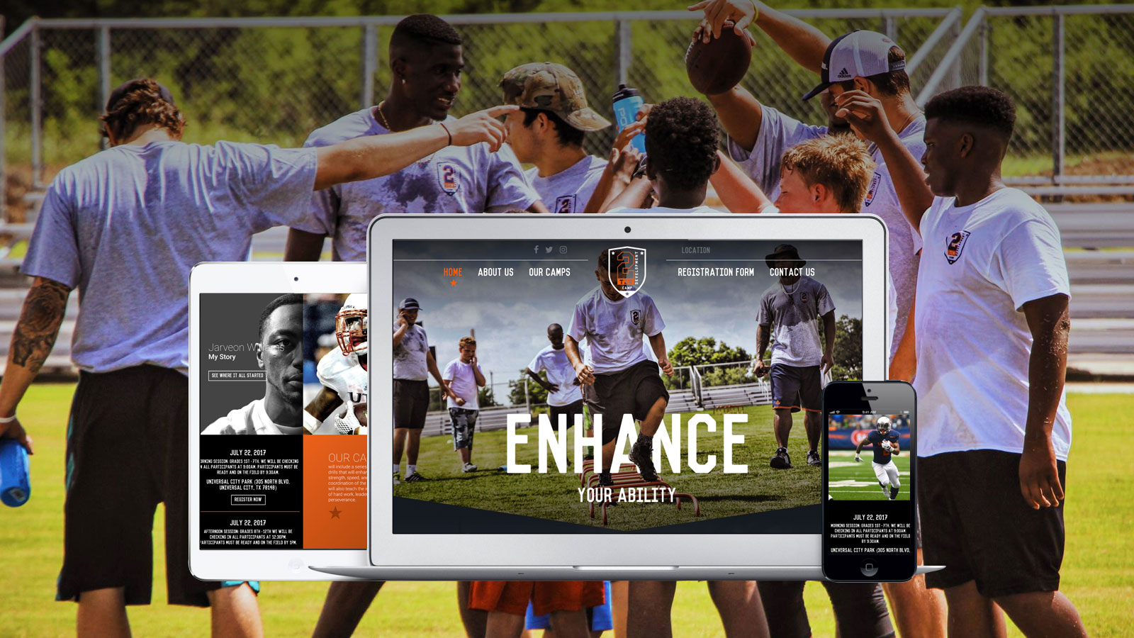 2 Ten Development Camp - Team players training on a sports field with 2Ten football camp website displayed on various devices, showcasing modern design and engaging visuals