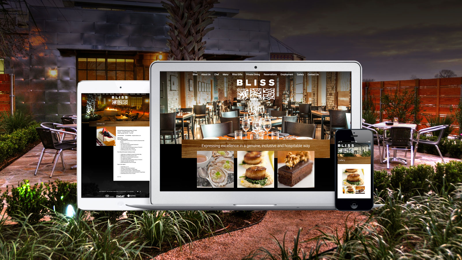 Bliss-Bliss Restaurant website displayed on multiple devices, showcasing a cozy fine dining ambiance with elegant table settings, delicious food images, and a scenic outdoor seating area