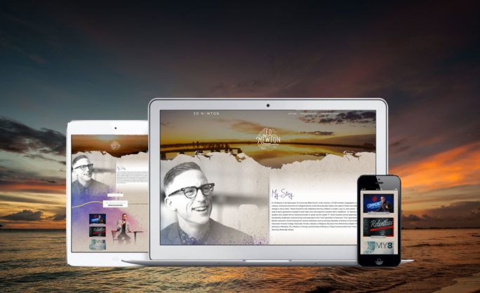 Ed Newton - Responsive website design displayed on tablet, laptop, and smartphone screens, showcasing a personal portfolio with a sunset beach background.