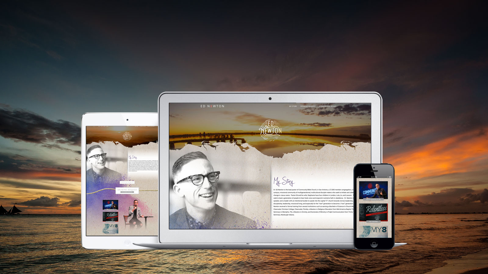 Ed Newton - Responsive website design displayed on tablet, laptop, and smartphone screens, showcasing a personal portfolio with a sunset beach background.