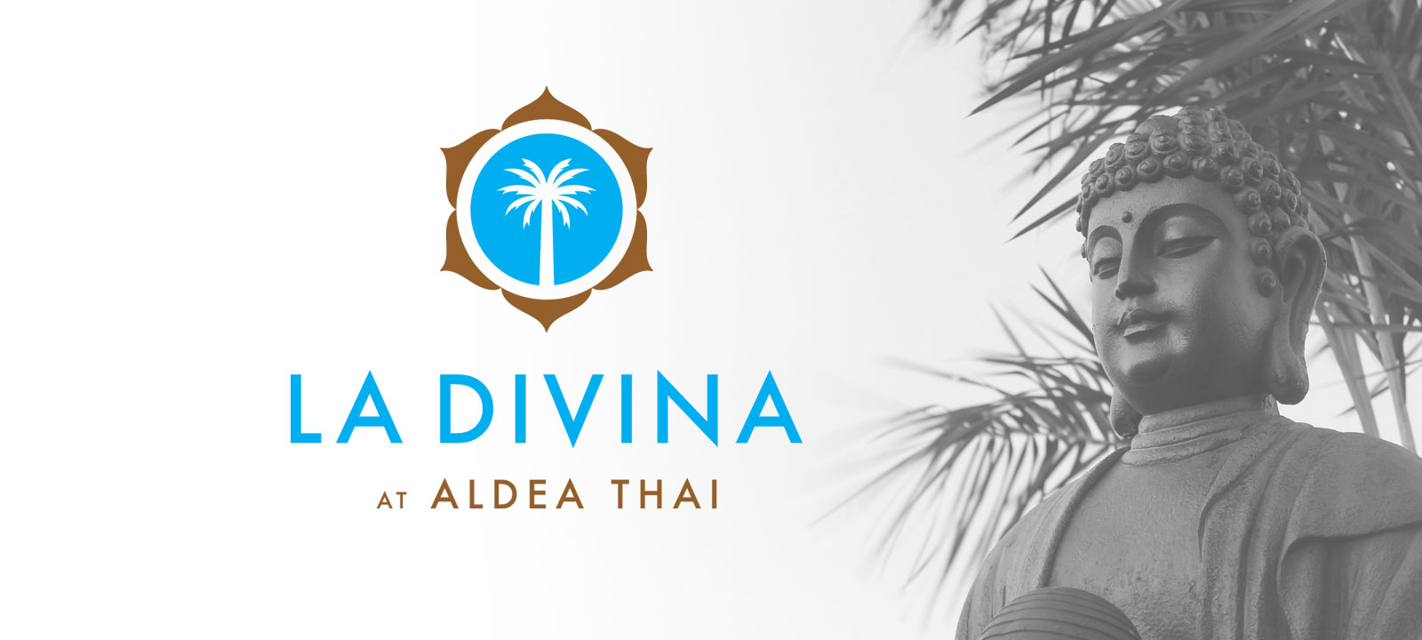 LaDivina at Aldea Thai - The logo for La Divina at Aldea Thai. The logo features a stylized blue circle with a white palm tree inside, surrounded by a circular pattern. The text "La Divina" is displayed below the logo, with "At Aldea Thai" written in smaller font beneath. The logo is set against a black and white image of a Buddha statue with palm leaves in the background.