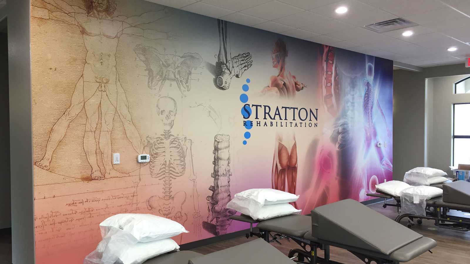 Stratton - Stratton Rehabilitation clinic interior with anatomical illustrations and the clinic’s logo on a feature wall.