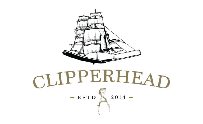 Clipperhead Identity - Clipperhead logo featuring a detailed illustration of a sailing clipper ship merged with a straight razor, accompanied by the text ‘CLIPPERHEAD’ and ‘ESTD 2014’ with a vintage barber tool below.