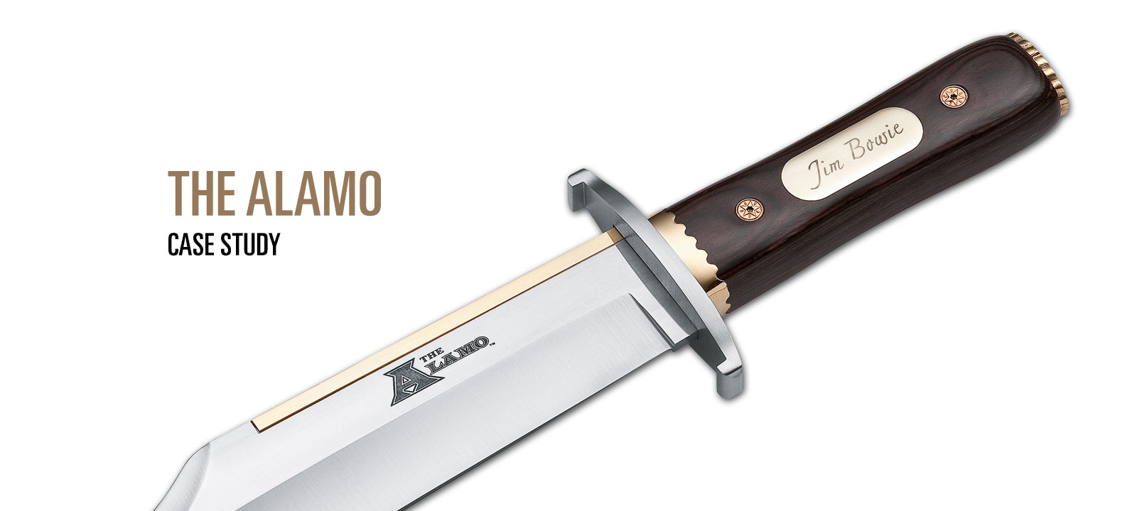 A close-up image of a polished Bowie knife with a wooden handle engraved with ‘Jim Bowie,’ featuring ‘The Alamo’ logo on the blade and text reading ‘The Alamo: Case Study’ on a clean white background.