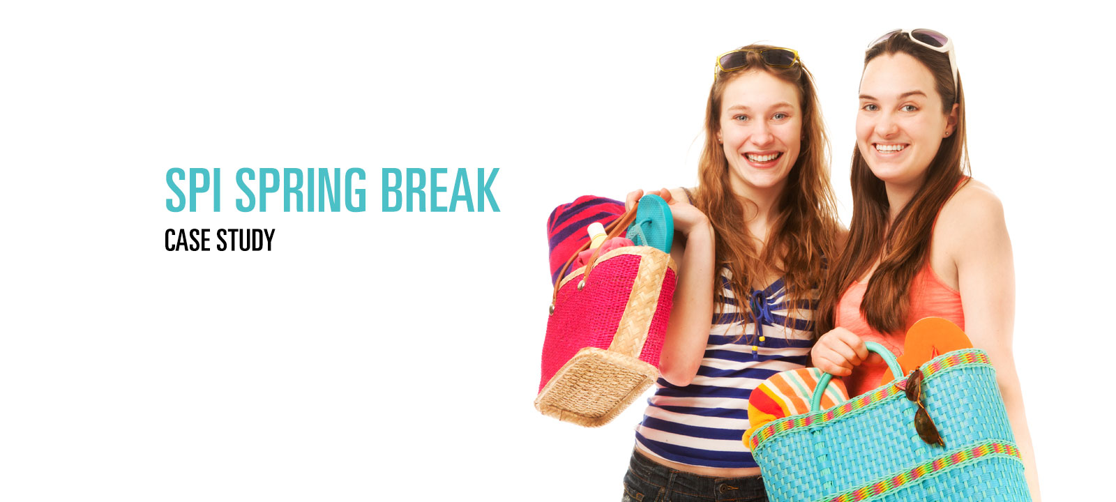 SPI Spring Break Case Study featuring two smiling young women holding colorful beach bags, ready for a vibrant getaway.