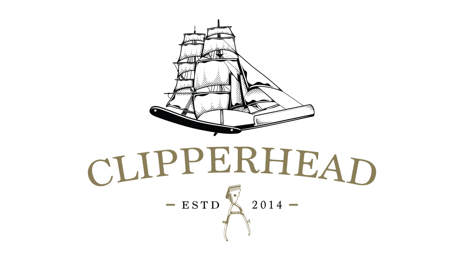 Clipperhead Identity - Clipperhead logo featuring a detailed illustration of a sailing clipper ship merged with a straight razor, accompanied by the text ‘CLIPPERHEAD’ and ‘ESTD 2014’ with a vintage barber tool below.