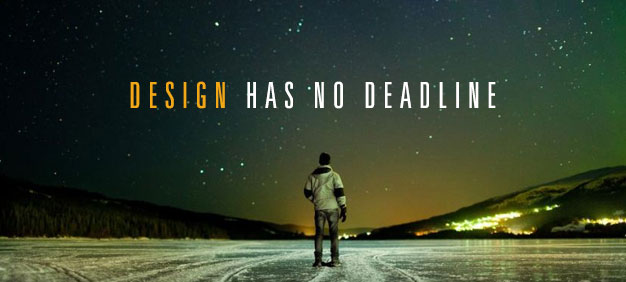 Silhouette of a person standing on an icy plain under a starry night sky, accompanied by the text ‘Design Has No Deadline’ in bold letters