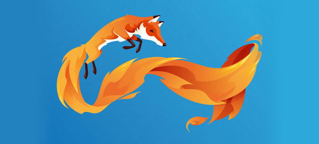 Illustration of a sleek orange fox with a flowing, flame-like tail on a gradient blue background