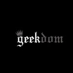 Logo for ‘Geekdom’ with a crown symbol on the letter ‘g’, designed in a medieval-style font, set against a black background