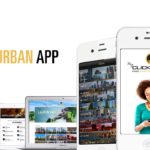 MyClickUrban Case Study showcasing app and website design with images of a smiling woman holding a phone and screenshots of the app’s features like cities, events, and categories.