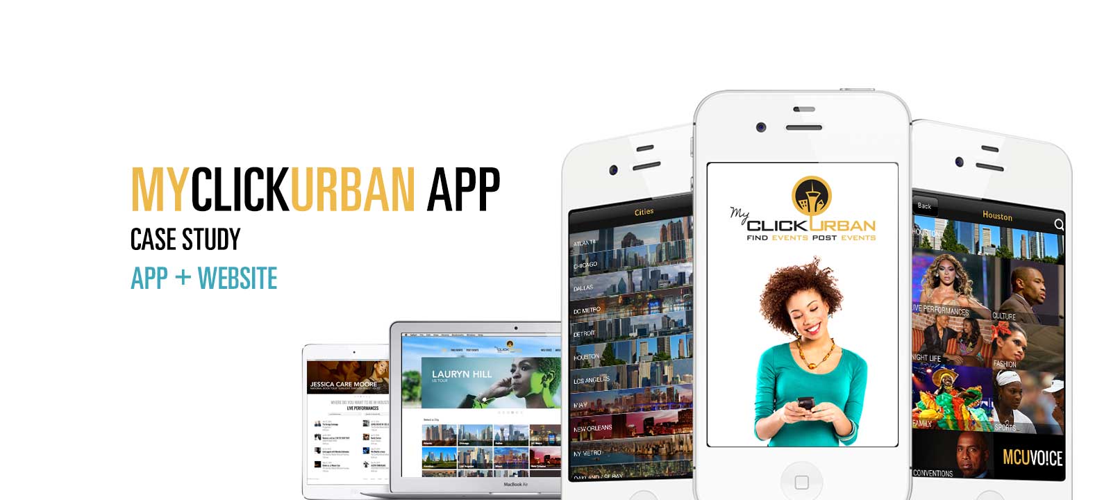 MyClickUrban Case Study showcasing app and website design with images of a smiling woman holding a phone and screenshots of the app’s features like cities, events, and categories.