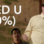 Two individuals with contrasting expressions: one dancing joyfully and the other looking surprised, accompanied by text ‘NEED U (100%)’ in bold white font