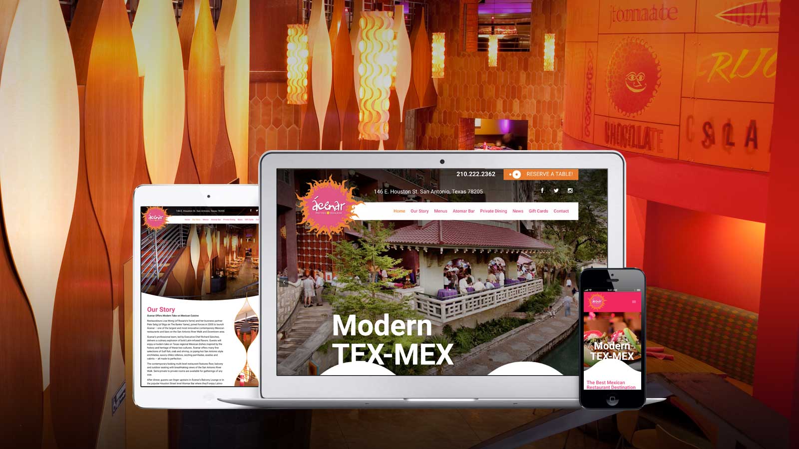 Acenar - Acenar website responsive design displayed on various devices with a vibrant interior restaurant backdrop highlighting its Modern Tex-Mex aesthetic