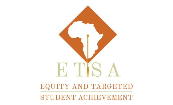 Equity and Targeted Student Achievement - ETSA logo featuring an orange diamond shape with the African continent silhouette, a vertical line symbolizing progress, and the text ‘Equity and Targeted Student Achievement’ beneath