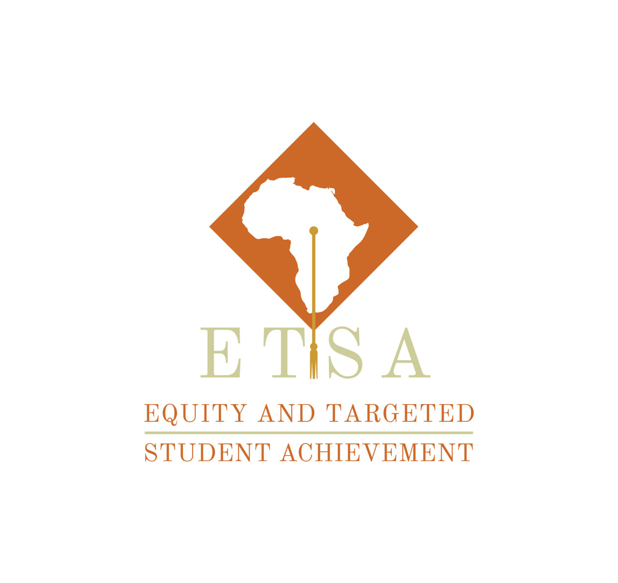 Equity and Targeted Student Achievement - ETSA logo featuring an orange diamond shape with the African continent silhouette, a vertical line symbolizing progress, and the text ‘Equity and Targeted Student Achievement’ beneath