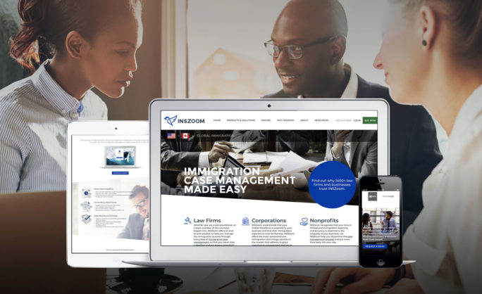 INSZoom - INSZoom multi-device display showing immigration case management software for law firms, corporations, and nonprofits, with professionals collaborating in the background