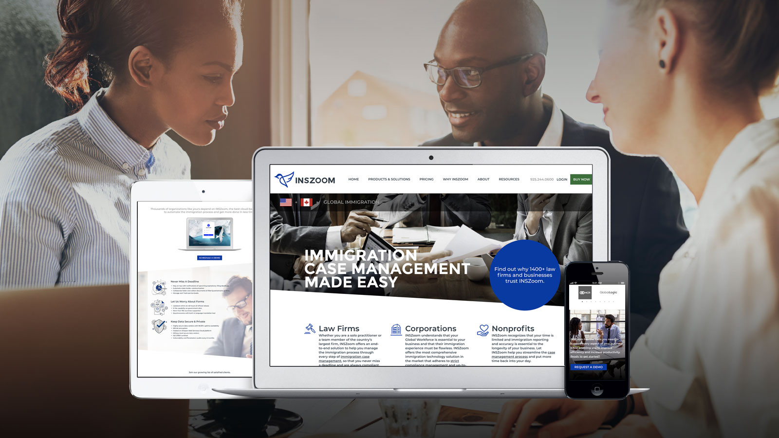INSZoom - INSZoom multi-device display showing immigration case management software for law firms, corporations, and nonprofits, with professionals collaborating in the background