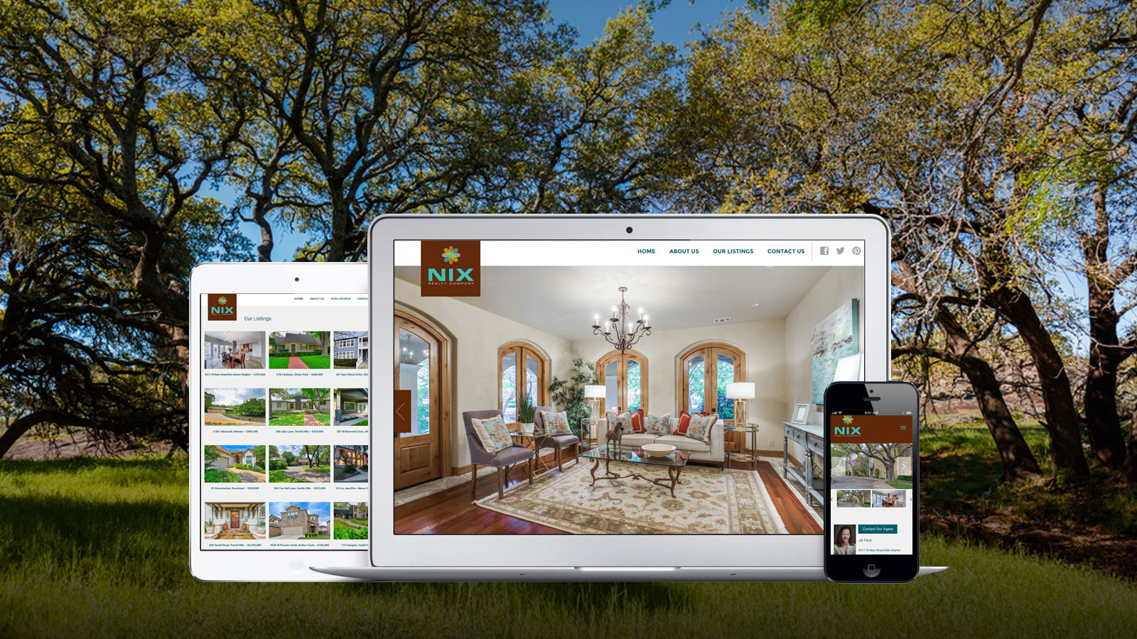 Nix Realty Company - Responsive design of Nix Realty Company website displayed on various devices, showcasing luxury real estate listings with a nature-inspired background