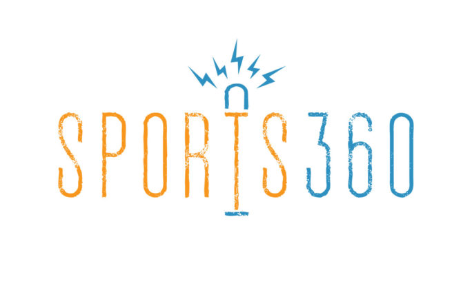 Sports 360 - Sports360 logo in orange and blue with a creative design, featuring a microphone icon and lightning bolts symbolizing energy and sports enthusiasm