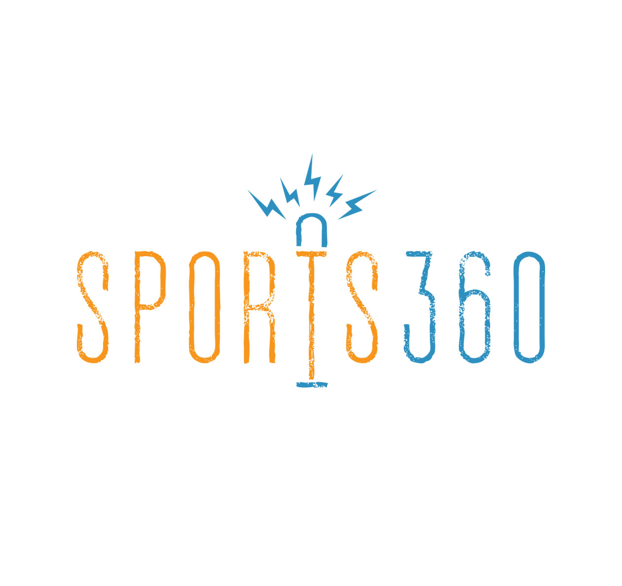 Sports 360 - Sports360 logo in orange and blue with a creative design, featuring a microphone icon and lightning bolts symbolizing energy and sports enthusiasm