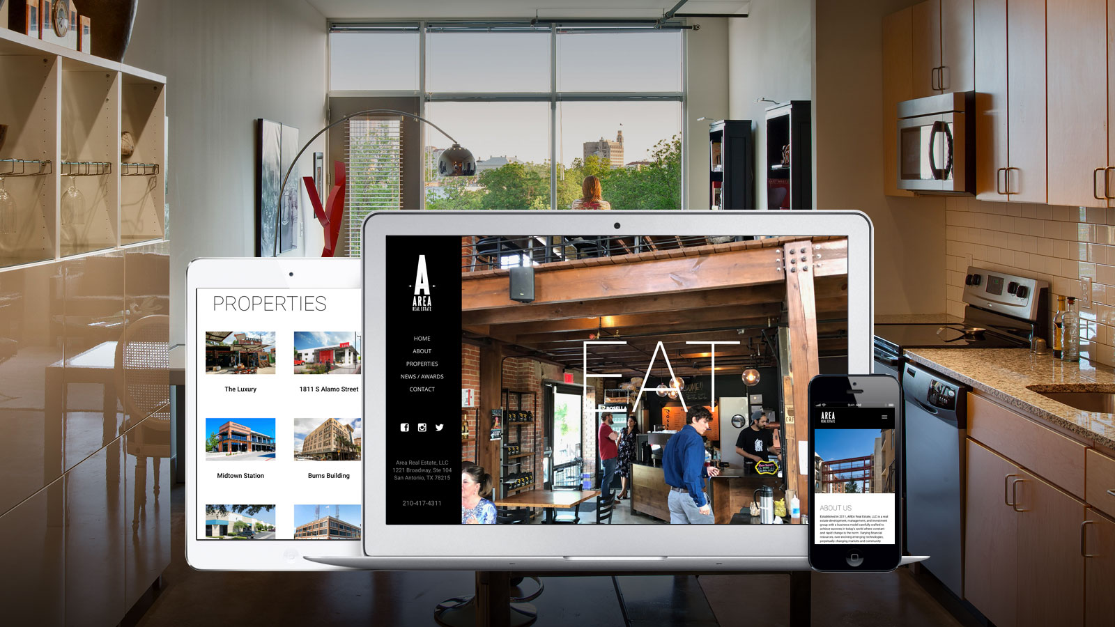 Area Real Estate - Area Real Estate website displayed on multiple devices in a modern kitchen setting, showcasing properties and dining experiences with a stylish and user-friendly design