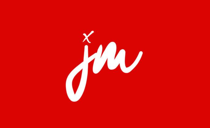 Logo design with white cursive initials 'jm' on a vibrant red background