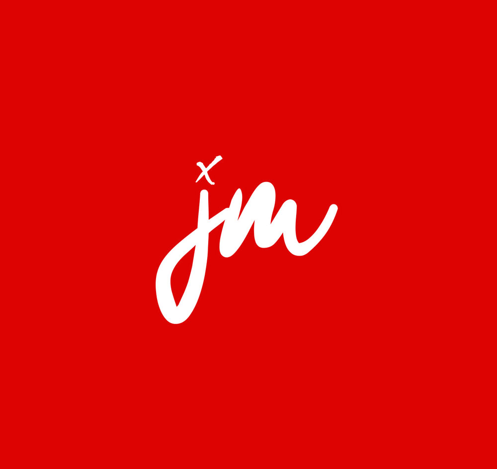 Logo design with white cursive initials 'jm' on a vibrant red background