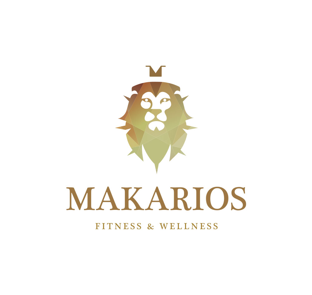 Makarios - Makarios Fitness & Wellness logo featuring a geometric lion head design with a crown, symbolizing strength and health, in gradient gold hues on a white background