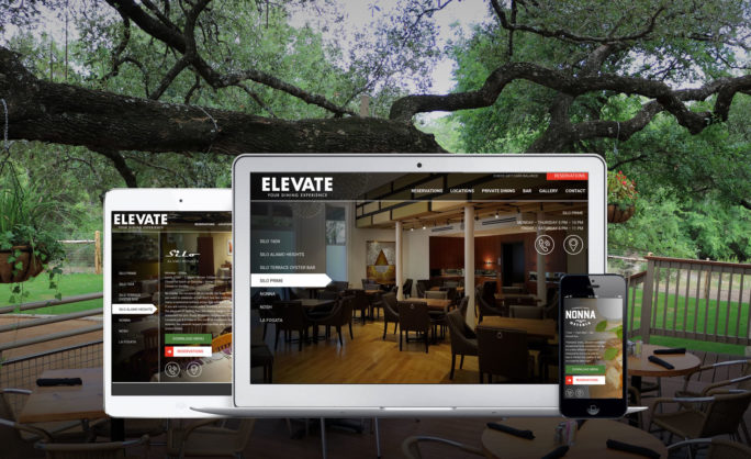 Elevate - Elevate Dining website displayed on laptop, tablet, and mobile devices, set against a lush outdoor patio scene with hanging plants and shaded dining tables.