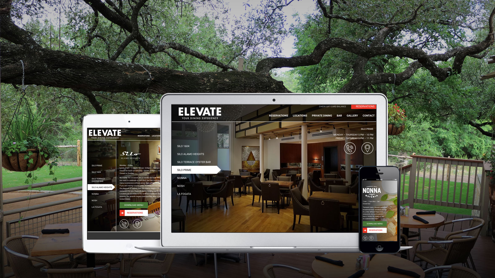 Elevate - Elevate Dining website displayed on laptop, tablet, and mobile devices, set against a lush outdoor patio scene with hanging plants and shaded dining tables.