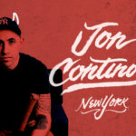 Jon Contino portrait with hand-lettered text 'Jon Contino New York' on a textured red background, featuring artistic doodles.