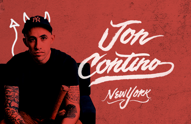 Jon Contino portrait with hand-lettered text 'Jon Contino New York' on a textured red background, featuring artistic doodles.