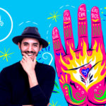 Luis Pinto smiling in a creative portrait with his signature, featuring a vibrant illustration of a colorful hand adorned with names and decorative designs on a bright blue background