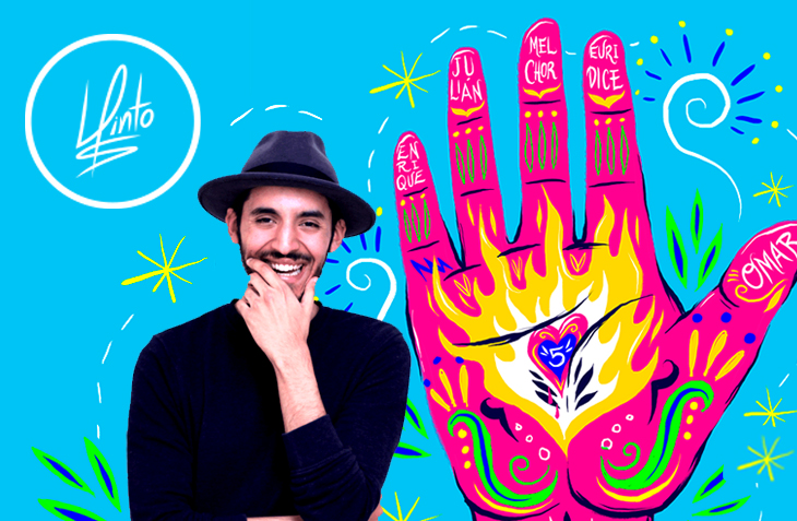 Luis Pinto smiling in a creative portrait with his signature, featuring a vibrant illustration of a colorful hand adorned with names and decorative designs on a bright blue background