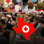 Collage of Red Cross disaster relief efforts in Texas featuring volunteers packing supplies, providing aid to families, and the Red Cross logo over a Texas map.