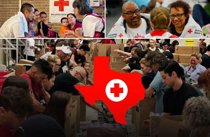 Collage of Red Cross disaster relief efforts in Texas featuring volunteers packing supplies, providing aid to families, and the Red Cross logo over a Texas map.