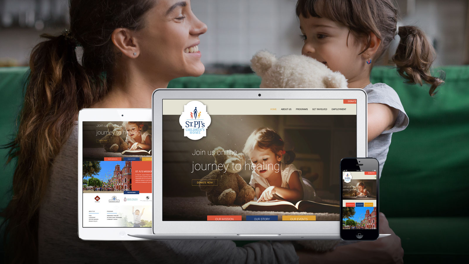 St. PJ’s Children Home - This image features a heartwarming visual of a mother and child, symbolizing care and love, alongside digital mockups of a website for "St. PJ's Children's Home." The website layout reflects a nurturing and supportive environment, aligning with the mission of aiding children's healing and growth. Let me know if you'd like further details or enhancements!