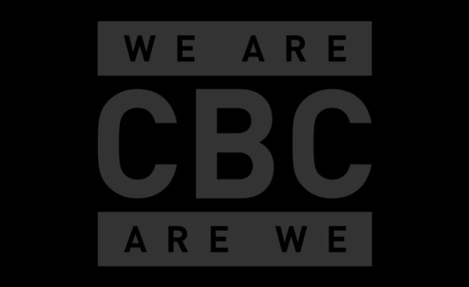 CBC ARE WE - This is a clean, monochromatic logo design featuring the phrase "WE ARE CBC ARE WE" arranged in a structured, balanced format. The dark text on a black background provides a subtle, modern aesthetic, emphasizing minimalism while maintaining readability. It's a bold and cohesive visual representation likely intended for branding or merchandise.