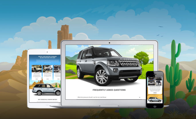 Hill Country British - The image features a modern Land Rover Discovery displayed on various devices against a vibrant desert-themed background. The design emphasizes a user-friendly website interface for a service specializing in Land Rover restorations, performance upgrades, and repairs. The scene includes cacti and mesas, highlighting a Southwestern theme.