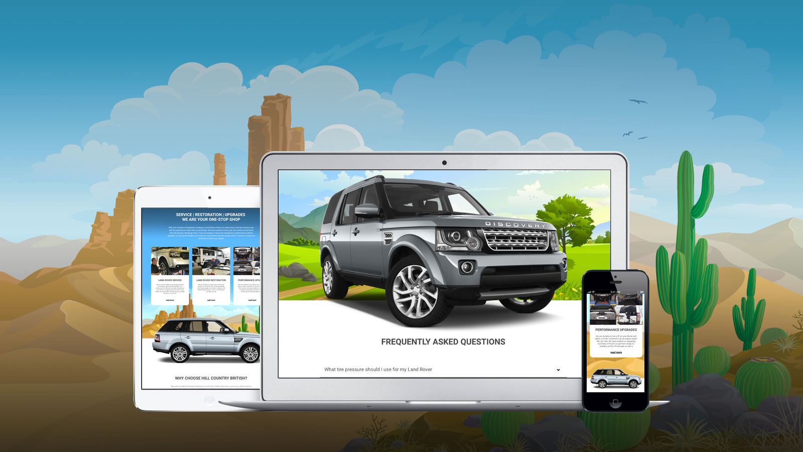 Hill Country British - The image features a modern Land Rover Discovery displayed on various devices against a vibrant desert-themed background. The design emphasizes a user-friendly website interface for a service specializing in Land Rover restorations, performance upgrades, and repairs. The scene includes cacti and mesas, highlighting a Southwestern theme.