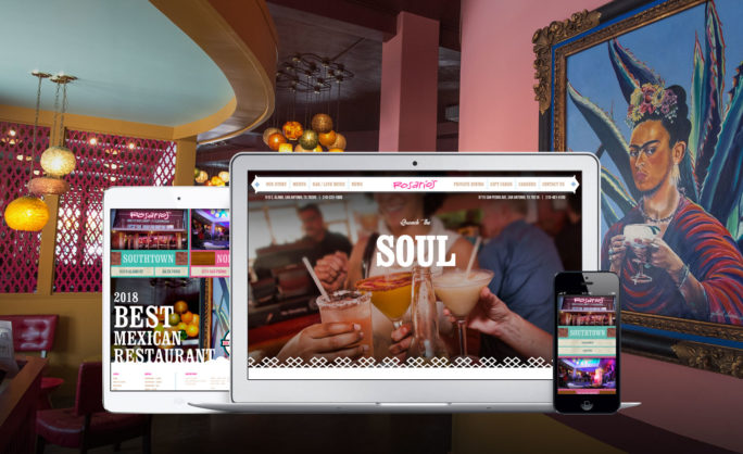 Rosarios - This image features a modern website design for Rosario's, showcasing its vibrant Mexican restaurant branding. The design is displayed across multiple devices, including a tablet, laptop, and smartphone, reflecting its responsive nature. The website highlights colorful interior shots of the restaurant, promoting its locations, awards such as "2018 Best Mexican Restaurant," and menu offerings. The backdrop includes artistic and cultural elements, enhancing the warm, welcoming ambiance associated with the brand. This digital presentation emphasizes accessibility and the authentic dining experience Rosario's provides