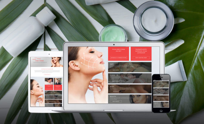 Skin Rejuvenation Clinique - A responsive skincare website design showcased on multiple devices against a backdrop of fresh green leaves and skincare products, emphasizing rejuvenation and beauty services.