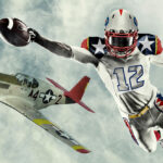 a football player in the air with a plane in the background