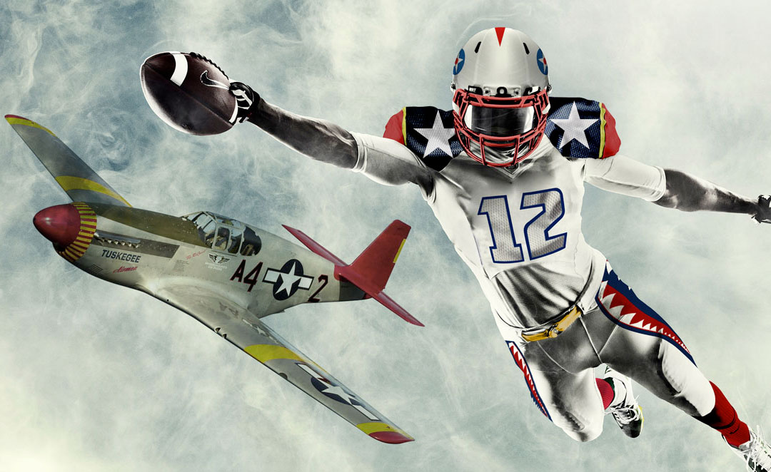 a football player in the air with a plane in the background